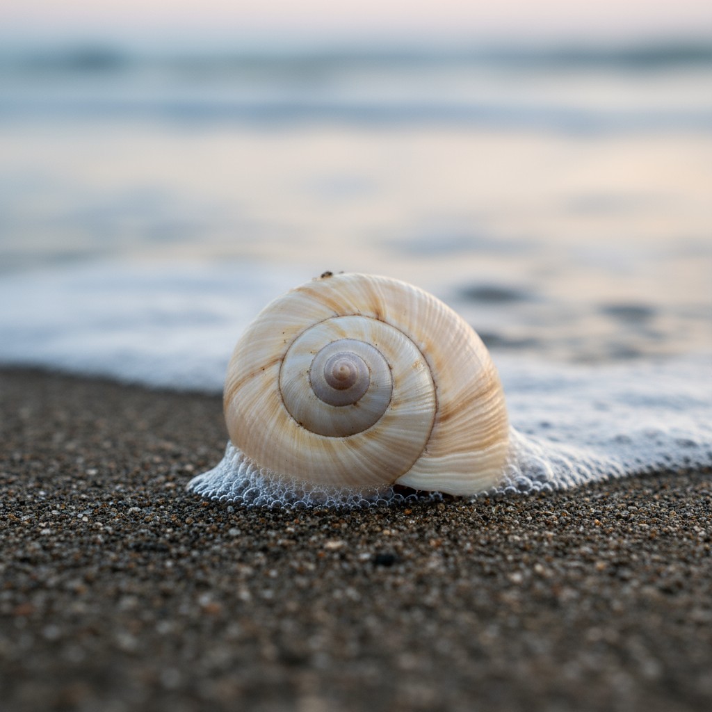 A seashell covered by seawater with a blurred background of ocean.
