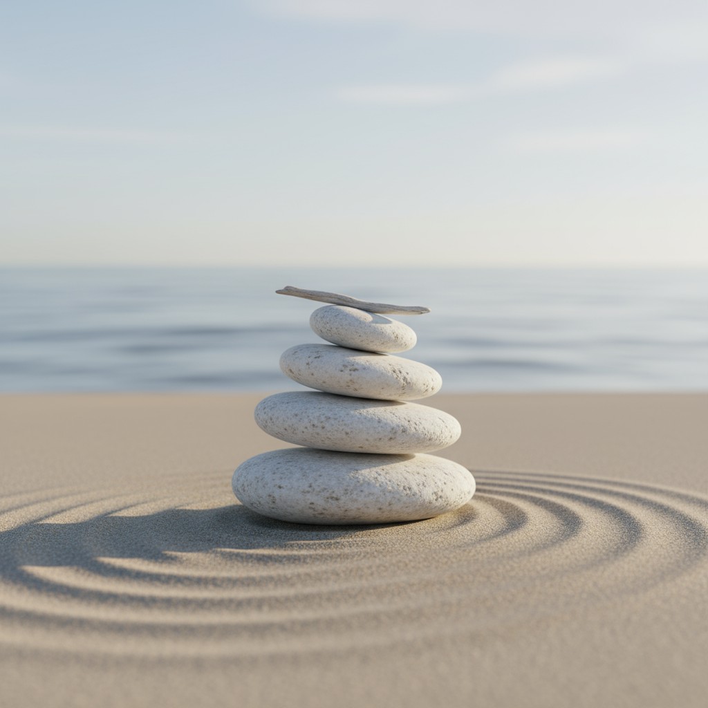 A stack of white stones on a sandy surface, with ripples indicating recent polishing, and a blurred ocean with white sky a...