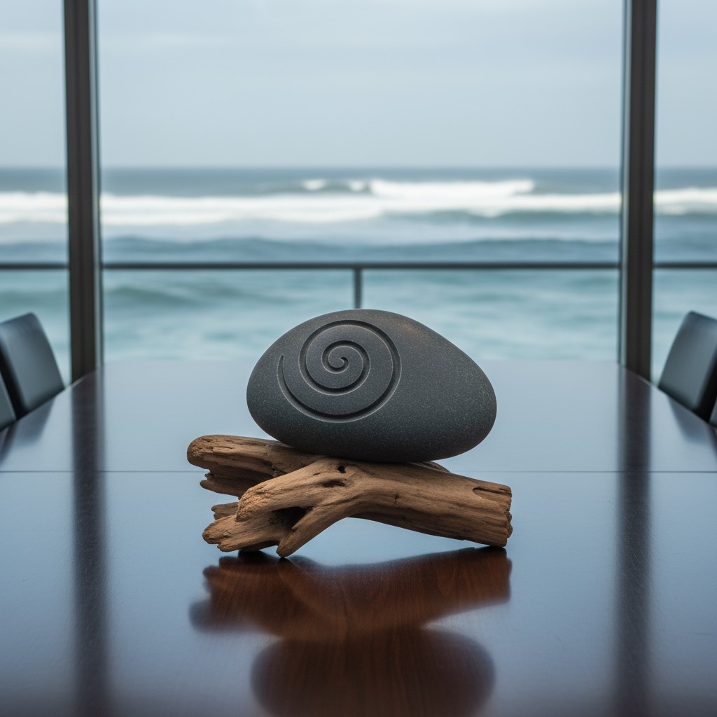 A smooth, gray stone featuring a spiral design sits atop a piece of driftwood, positioned in front of a large window overl...