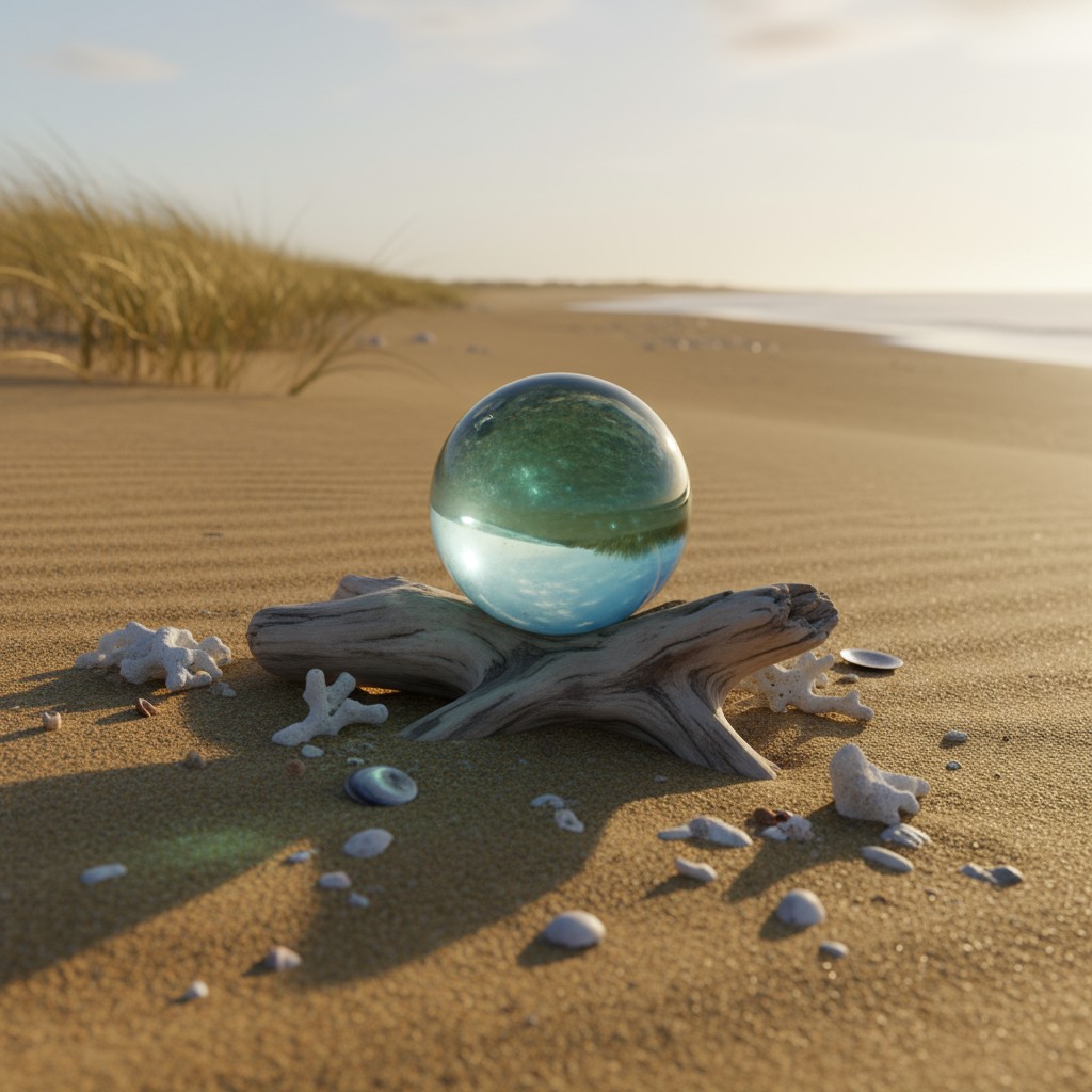 A transparent blue crystal ball on a piece of driftwood in the sand, dunes and water in the background.