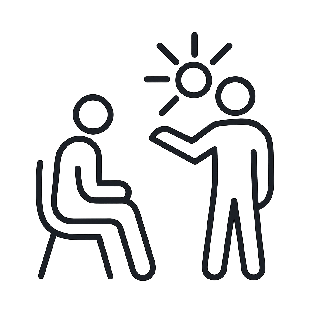 A person sitting in front of another person who is pointing to the sun.